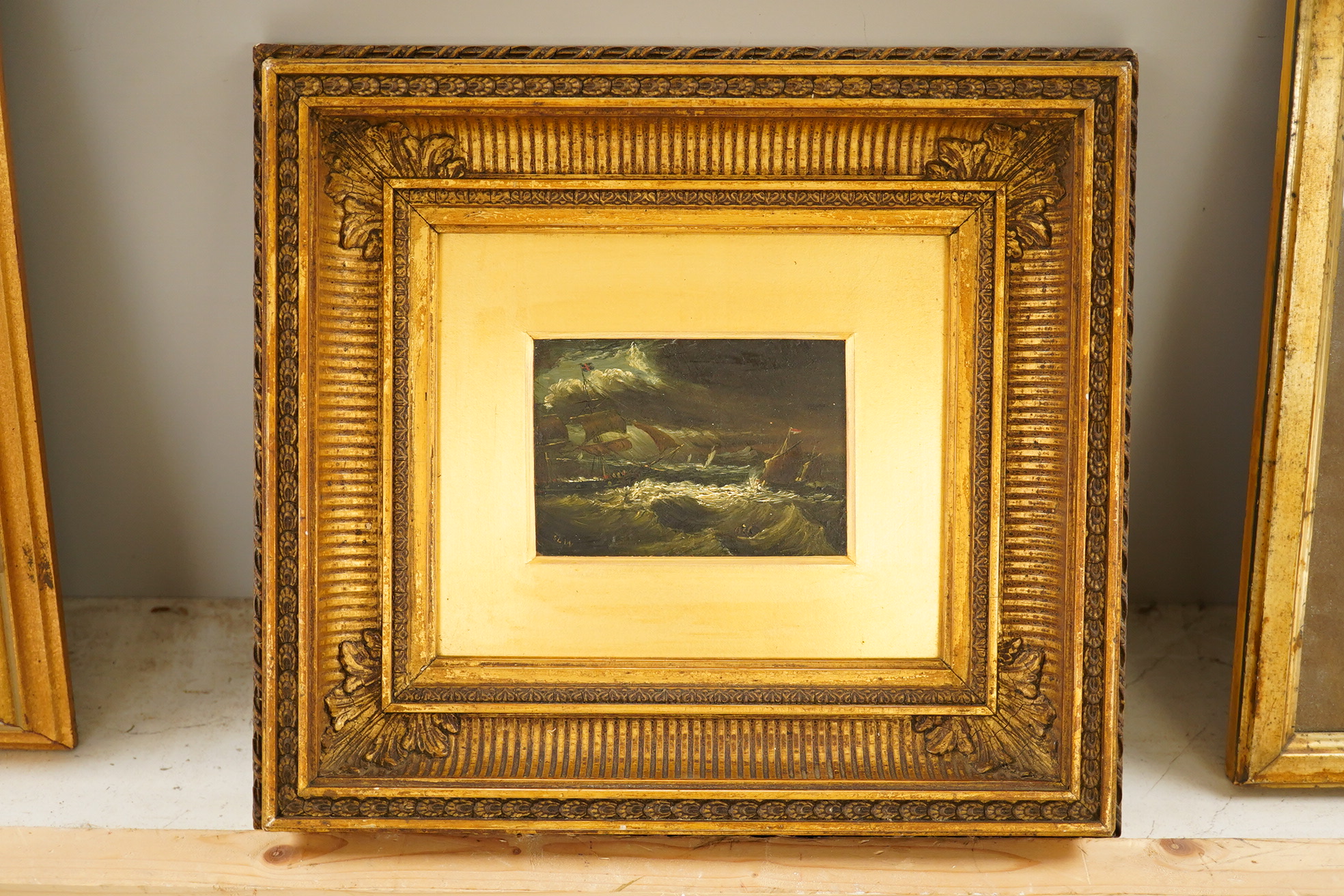 Late 19th / early century, miniature oil on board, Moonlit seascape with ships, initialled SLW, 7.5 x 10cm, ornate gilt frame. Condition - fair to good